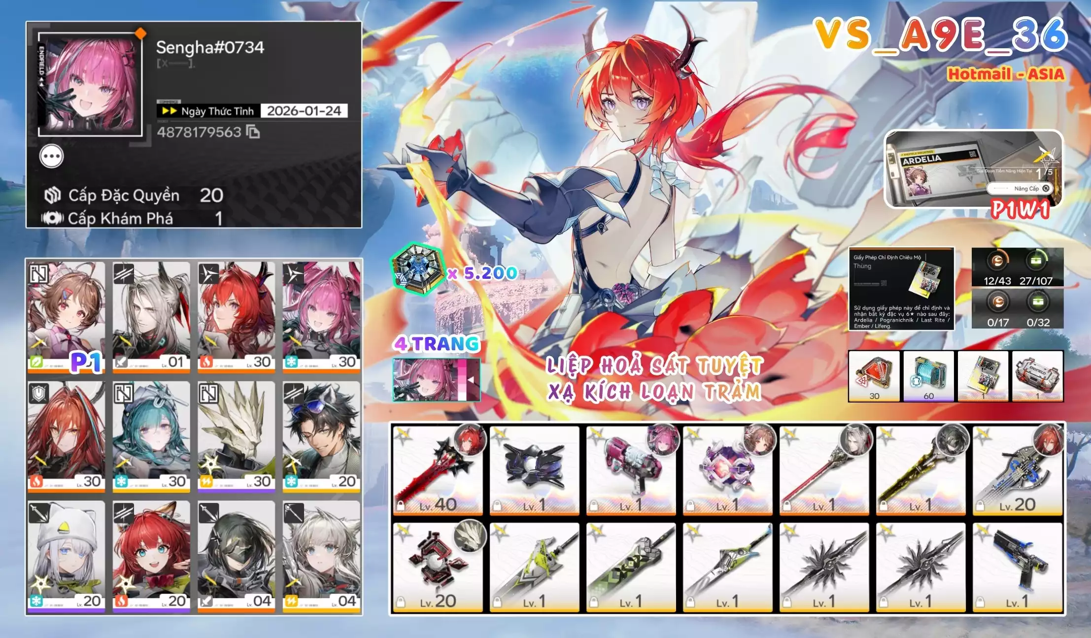 [ VS_A9E_36 SIÊU PHẨM XẠ KÍCH LOẠN TRẢM / AR20 SIÊU THẤP! ] YVONNE TRẤN + LAEVATAIN TRẤN + ARDELIA P1 TRẤN + POGRA TRẤN + EMBER + MAIN TRẤN -{ 5.200 TOKEN ROLL TRẤN + FREE 1 CHAR 6* THƯỜNG }- 4 TRANG BANNER LIMIT. CÒN NHIỀU QUEST / EVENT!